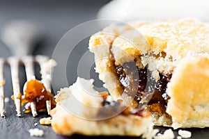 Traditional British Christmas Pastry Dessert Home Baked Mince Pie with Apple Raisins Nuts Filling. Open with Visible Filling
