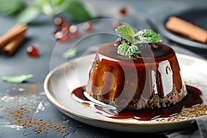 Traditional British dessert sticky toffee pudding. Concept British cuisine, desserts, sticky toffee