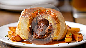 Traditional British dish steak and kidney pudding in suet pastry with gravy served on a plate. Delicious hearty comfort food