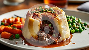 Traditional British dish steak and kidney pudding in suet pastry with gravy served on a plate. Delicious hearty comfort food