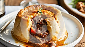 Traditional British dish steak and kidney pudding in suet pastry with gravy served on a plate. Delicious hearty comfort food