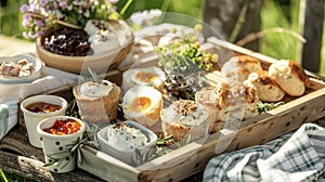 A traditional British picnic features a savory pork pie scotch eggs and warm scones with jam and clotted cream
