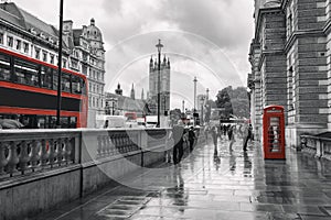 Traditional British red buses and telephone booths, located in central London