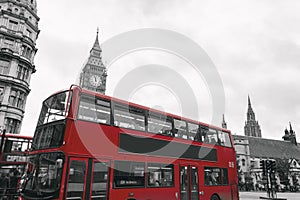 Traditional British red buses and telephone booths, located in central London