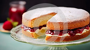 Traditional British sweet pastry Victoria sponge cake with whipped cream frosting and strawberry jam. Holiday dessert baking