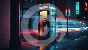 Traditional British telephone booth in London at night. 3D Rendering