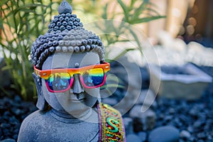 traditional buddha wearing colorful modern sunglasses, zen garden