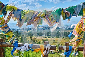 Traditional Buddhist prayer flags in the Rinpoche Bagsha datsan in Ulan-Ude city of the Republic of Buryatia, Russia.