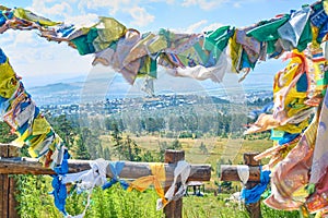 Traditional Buddhist prayer flags in the Rinpoche Bagsha datsan in Ulan-Ude city of the Republic of Buryatia, Russia.