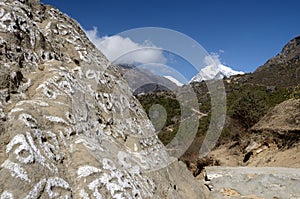 Traditional buddhist stones with sacred mantras ,Himalayas,Eastern Nepal, Everest region