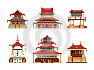 Traditional buildings. Japan and china cultural objects architecture pagoda gate palace heritage vector collection
