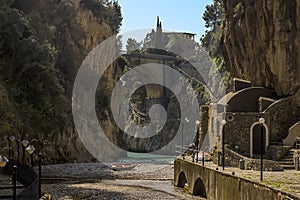 Traditional buildings line the waterfront at Fiordo di Furore on the Amalfi Coast, Italy photo