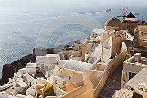 Traditional buildings in Oia, Santorini during sunset