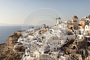 Traditional buildings in Oia, Santorini during sunset