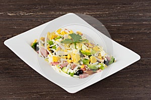 Traditional Bulgarian Shepherd salad with tomatoes, peppers, cucumbers, mushrooms, ham, cheese and eggs in white dish.