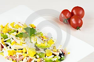 Traditional Bulgarian Shepherd salad with tomatoes, peppers, cucumbers, mushrooms, ham, cheese and eggs in white dish on white woo