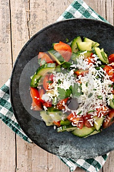 Traditional Bulgarian shopska salad with tomato,cucumber and bulgarian sirene cheese