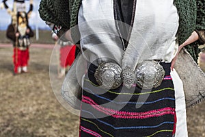 Traditional Bulgarian silver belt buckle on ladies costume