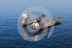 Traditional Burmese fishermen at lake, Myanmar