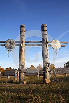 Traditional Buryat pagan sacred poles. The Baikal