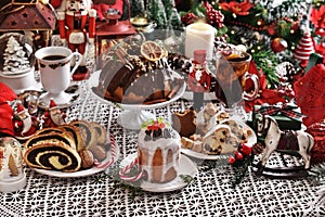 Traditional cakes for Christmas on festive table