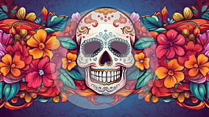 Traditional calavera sugar skull decorated with flowers the day of the dead, AI generated