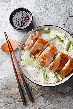 Traditional Cantonese dish Soy Sauce Chicken See Yao Gai served with rice and dipping sauce closeup on the table. Vertical top photo