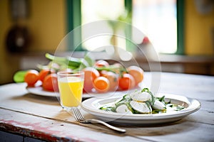 traditional caprese on an old farmhouse kitchen table