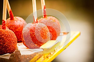 Traditional caramel apples with hot pepper at xochimilco mexico