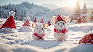 traditional cartoon mouse tradition season new merry wearing happy Santa hat background snow animal christmas funny