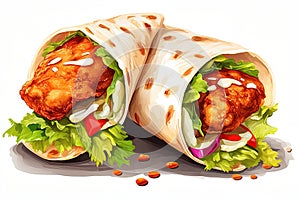 Traditional cartoon shawarma isolated on white background. Chicken meat, vegetables and salad are wrapped in pita bread. Side