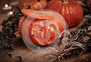 Traditional carved pumpkin lantern for celebrating Halloween