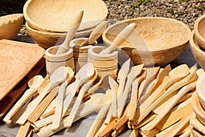 Traditional carved wood dishware