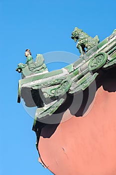 Traditional ceramic figures on the roof of the Lama Temple, Beijing