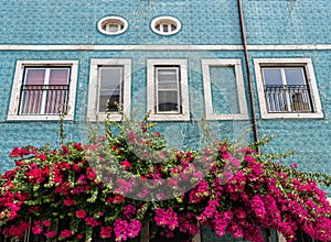 Traditional ceramic tiles decorate exterior of large house in Lisbon