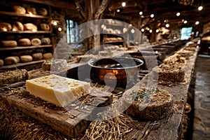 Workshop shelves of aging cheese wheels