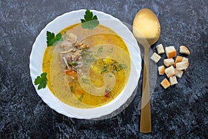 Traditional chicken noodle soup, overhead scene on a rustic wooden background