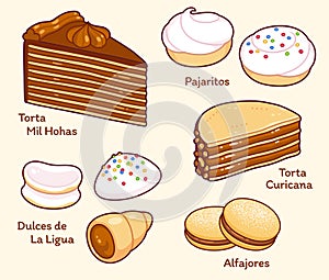 Traditional Chilean desserts cartoon drawing set