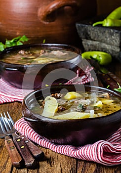 Traditional chilean latinamerican meat soup ajiaco served in clay plate