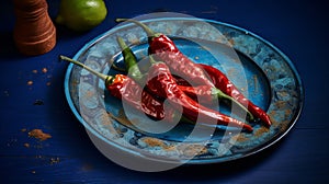 Traditional chiles en nogada on blue plate, rustic table with minimalistic decor photo