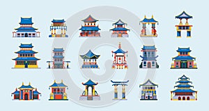 Traditional china buildings. Ancient japan or china houses cultural places for travellers garish vector cartoon set