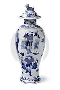 Traditional Chinese  blue and white jar with cover on white background