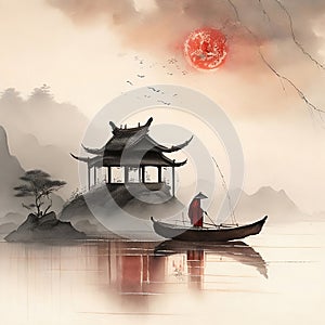 Traditional Chinese Boat Floating Near a Lake House Painted with Muted Colors and Minimalist Art Style