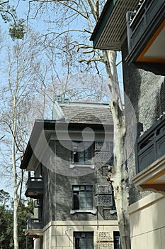 Traditional Chinese Building Architecture in China with Trees photo