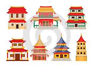 Traditional chinese buildings, asian architecture chinatown vector