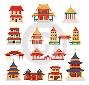 Traditional chinese buildings, asian architecture chinatown vector