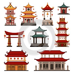 Traditional Chinese Buildings Set, Pagoda, Ancient Temple, Gate, Cultural Oriental Architecture Objects Vector