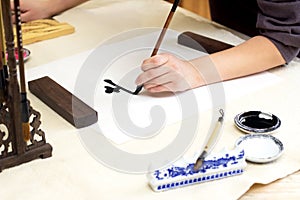 Traditional Chinese calligraphy Master writing character translation means Happiness. Asian art equipment and tools