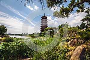 Traditional Chinese City Garden Park close-up photo.