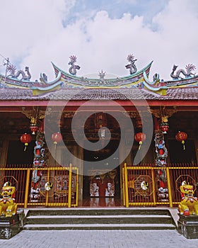 Traditional Chinese doors in Yuen Yuen institue temple, Hong Kong.